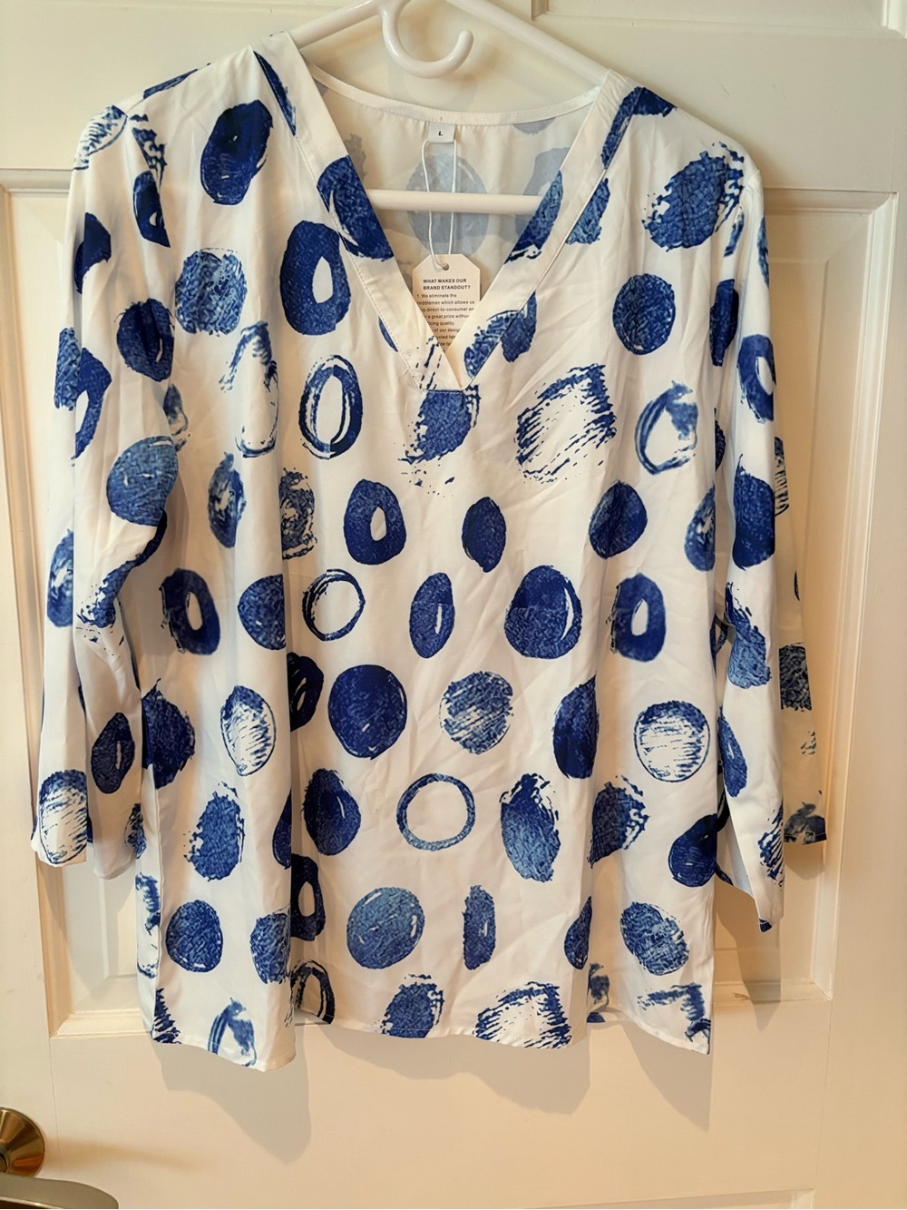 White V-Neck Blouse with Blue Abstract Dot Print